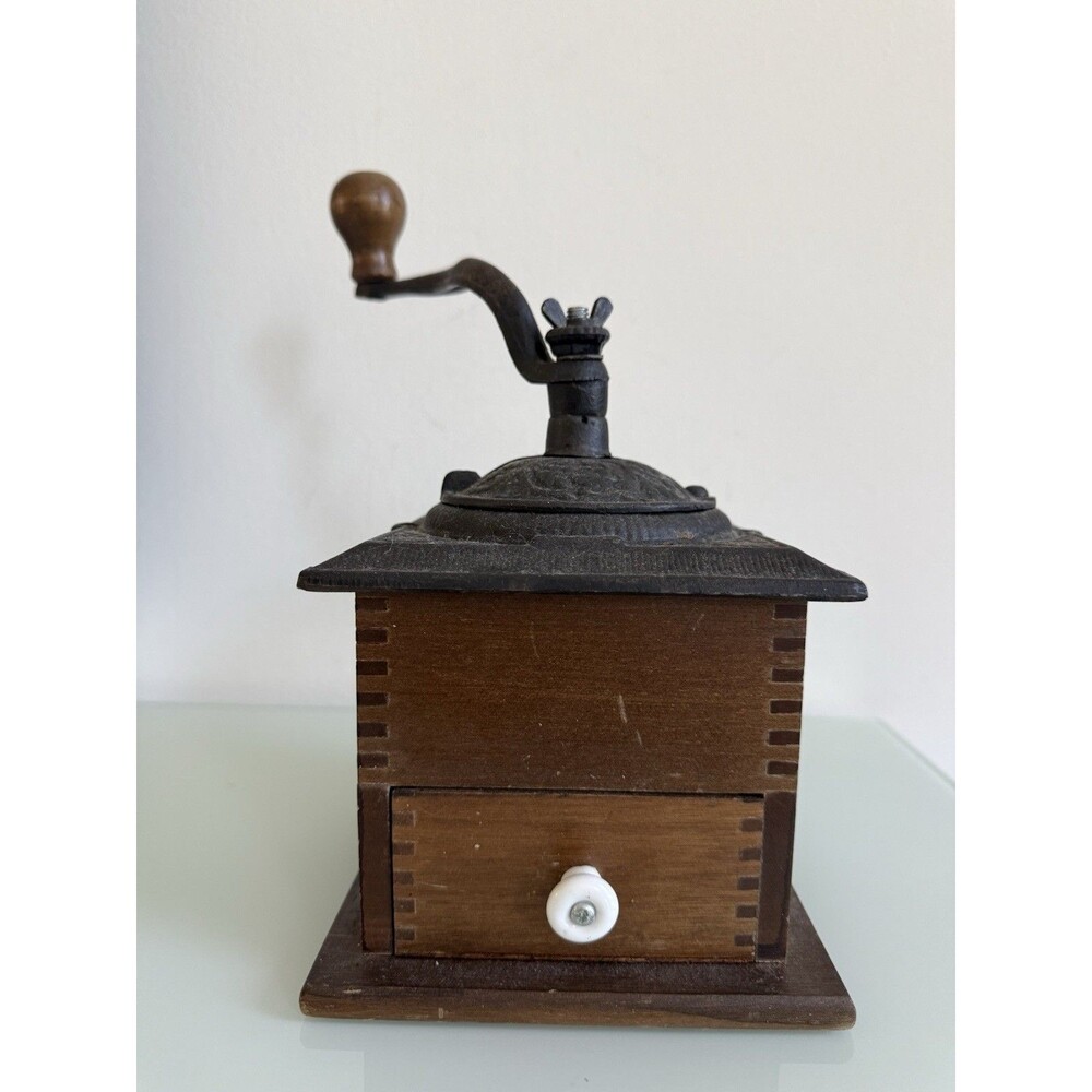 Vintage Wood & Cast Iron Manual Coffee Grinder Hand Crank Working